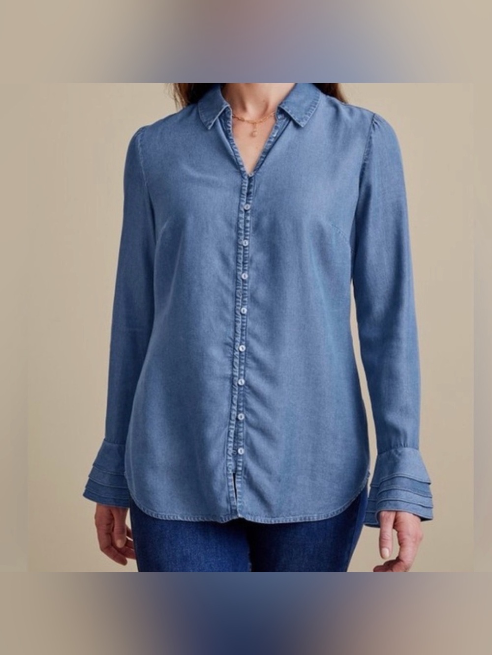 Soft Surroundings Chambray Tencel Denim Button Front Top – Size M